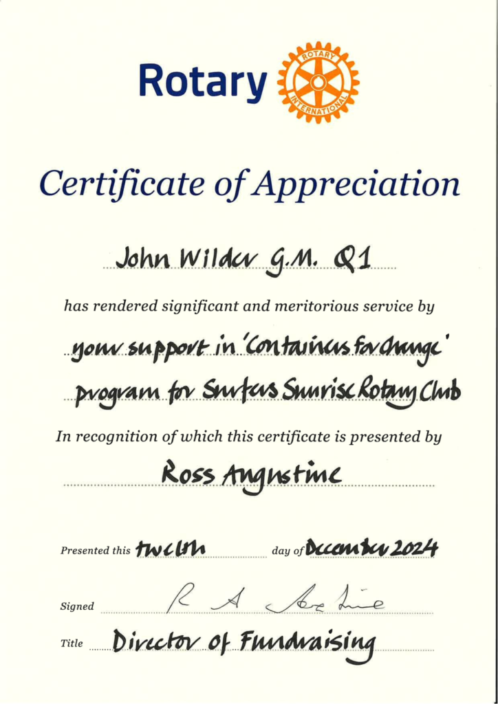 Certificate of Appreciation from Surfers Sunrise Rotary Club